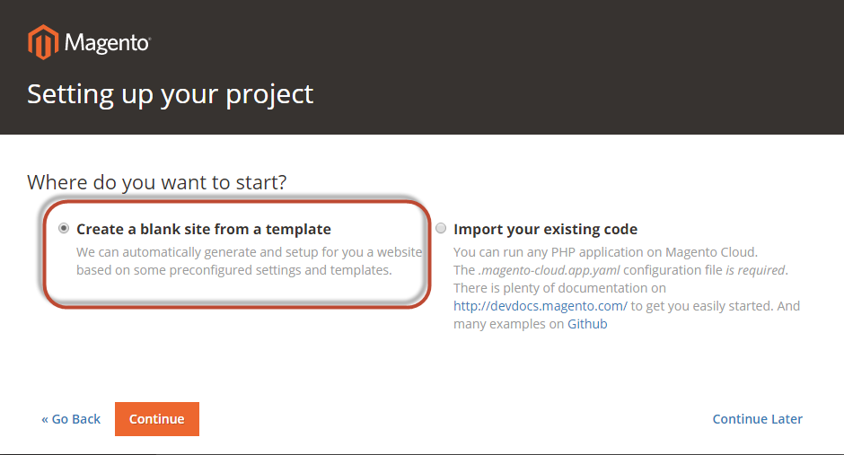 Create a site using the sample Magento project