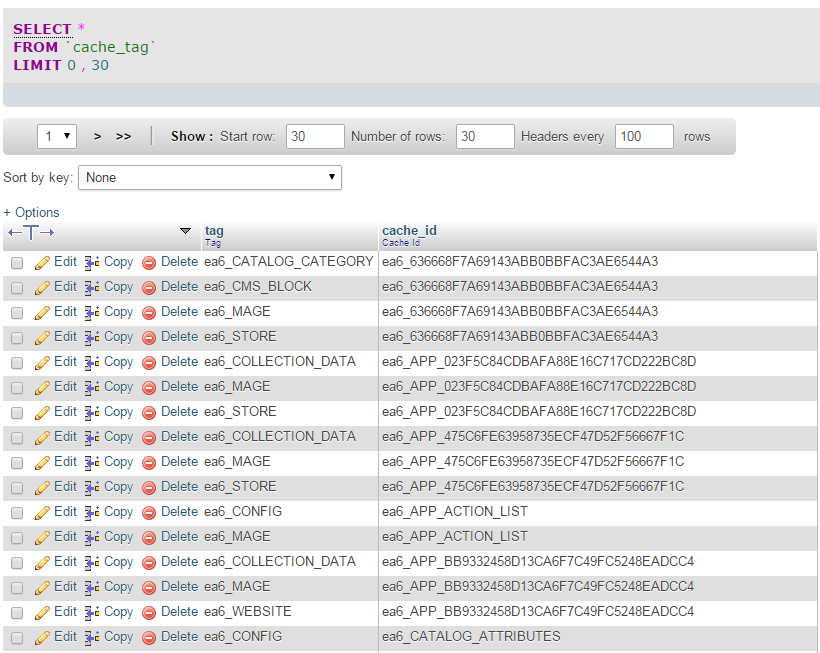 Sample contents of the cache tag table with database caching enabled