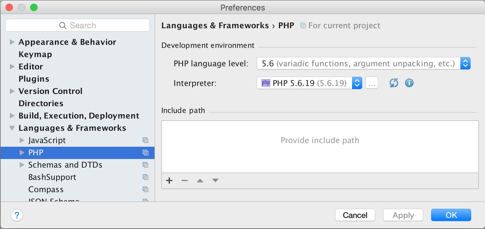 PhpStorm PHP preference panel