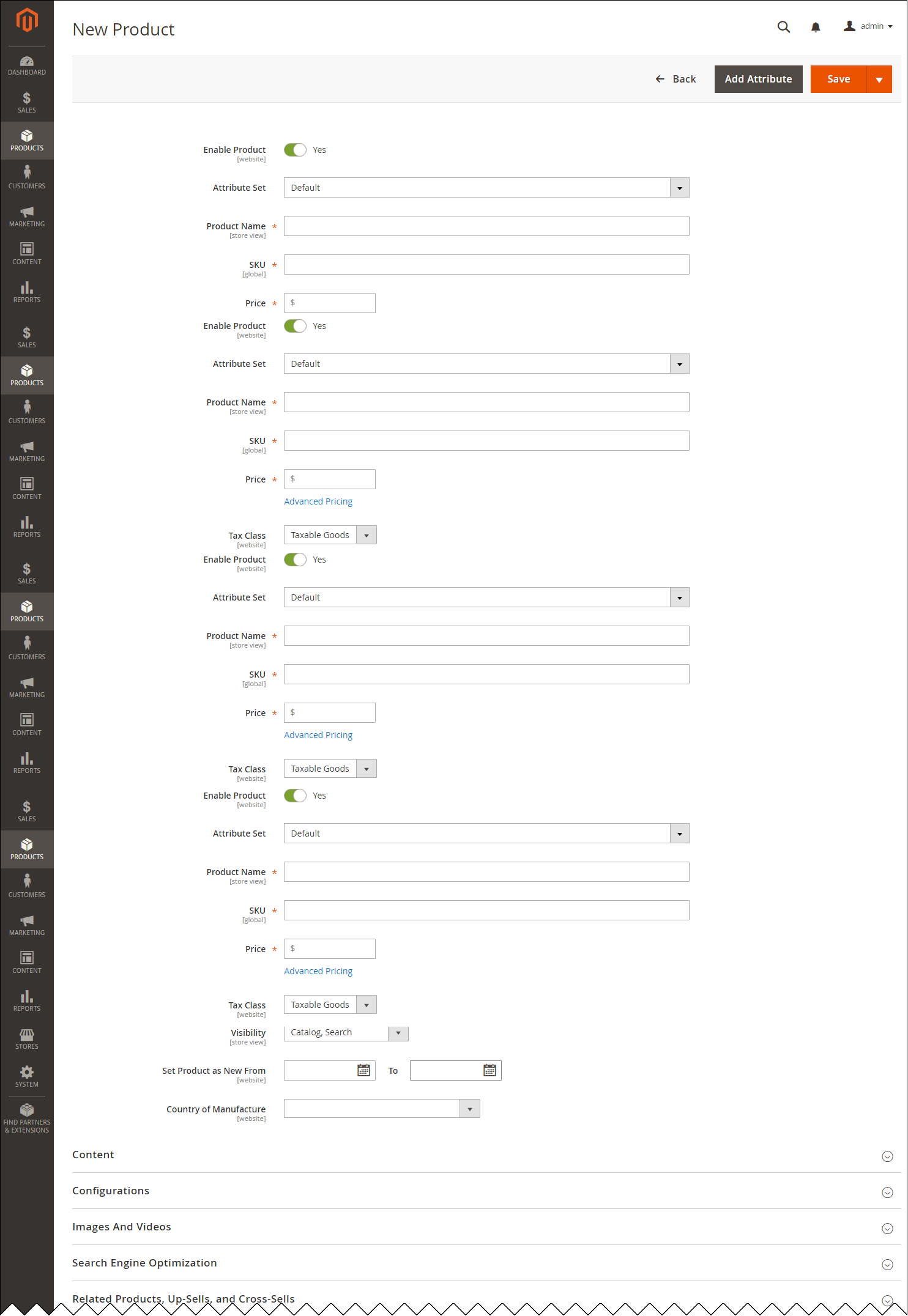 The product creation page in Admin