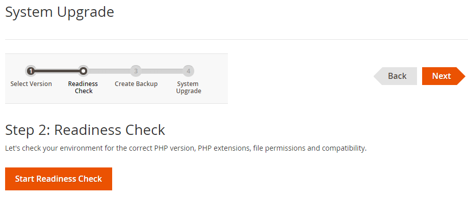 The readiness check enables you to find out if your server and environment are ready to proceed